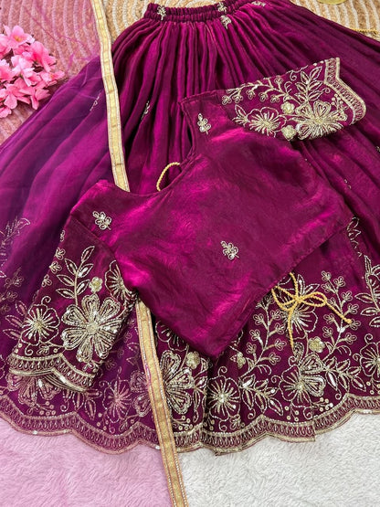 Magenta Soft Fendy Silk Cutdana Embroidery Work Kids Lehenga Choli