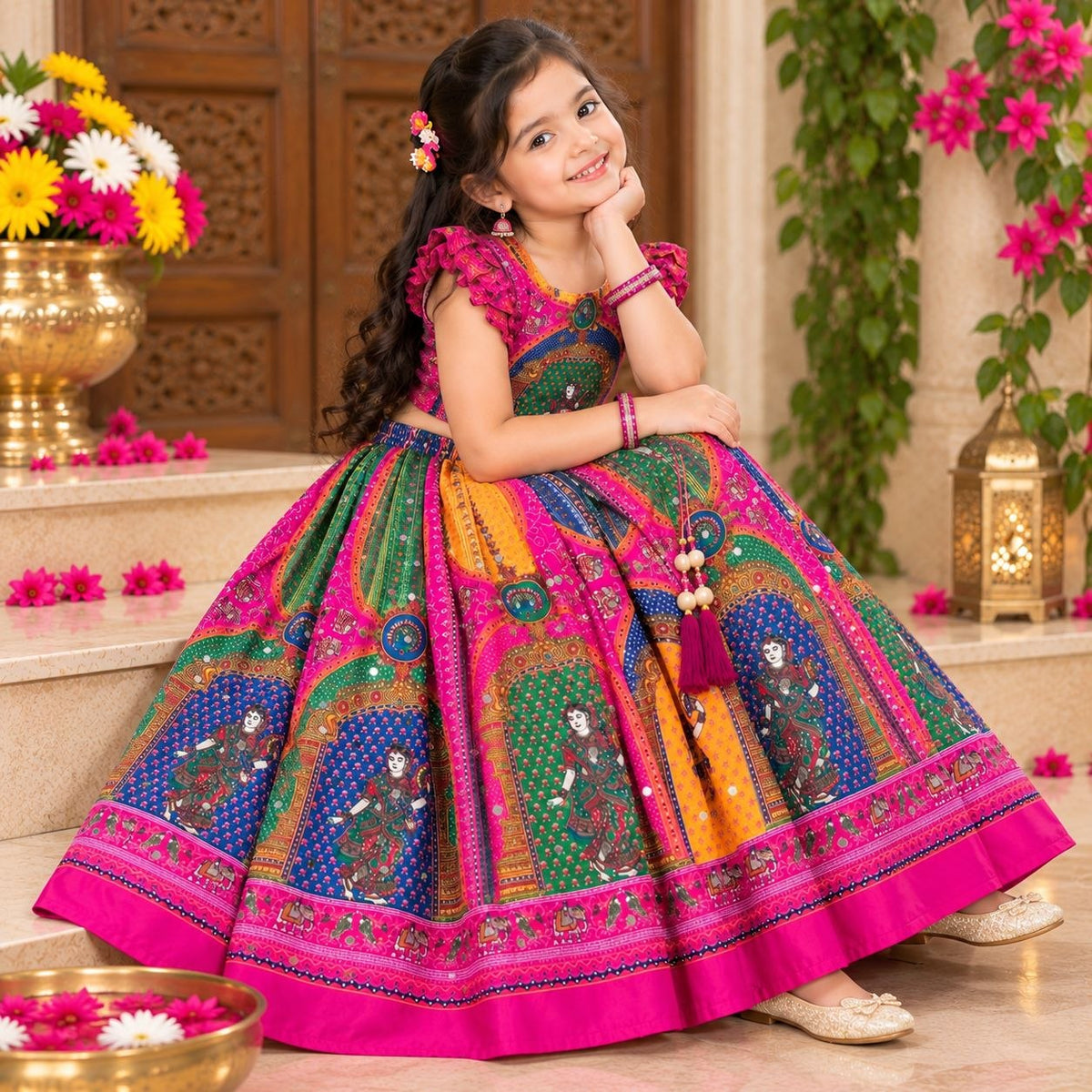Pink Heavy Chinon Silk Digital Print &amp; Hand Mirror Work Kids Lehenga Choli
