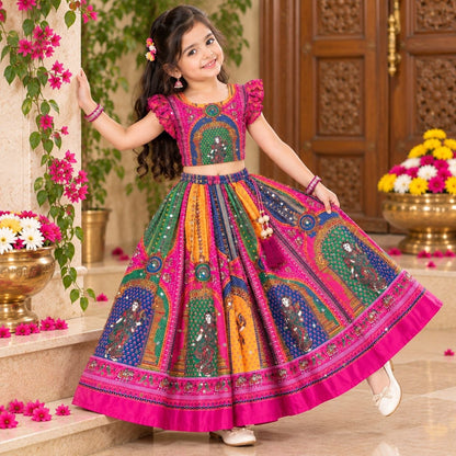 Pink Heavy Chinon Silk Digital Print &amp; Hand Mirror Work Kids Lehenga Choli