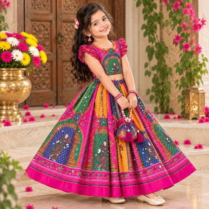 Pink Heavy Chinon Silk Digital Print &amp; Hand Mirror Work Kids Lehenga Choli