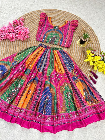 Pink Heavy Chinon Silk Digital Print &amp; Hand Mirror Work Kids Lehenga Choli