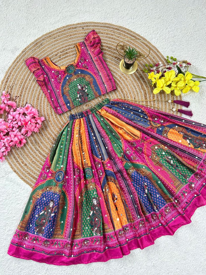 Pink Heavy Chinon Silk Digital Print &amp; Hand Mirror Work Kids Lehenga Choli
