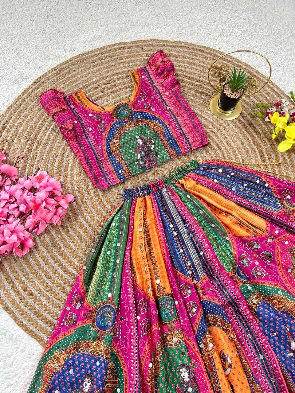 Pink Heavy Chinon Silk Digital Print &amp; Hand Mirror Work Kids Lehenga Choli