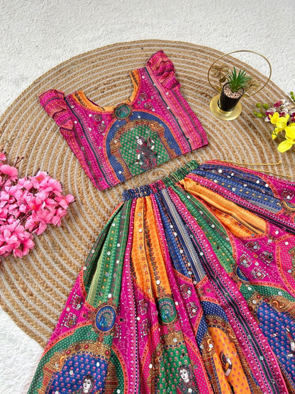 Pink Heavy Chinon Silk Digital Print &amp; Hand Mirror Work Kids Lehenga Choli