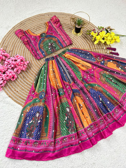 Pink Heavy Chinon Silk Digital Print &amp; Hand Mirror Work Kids Lehenga Choli