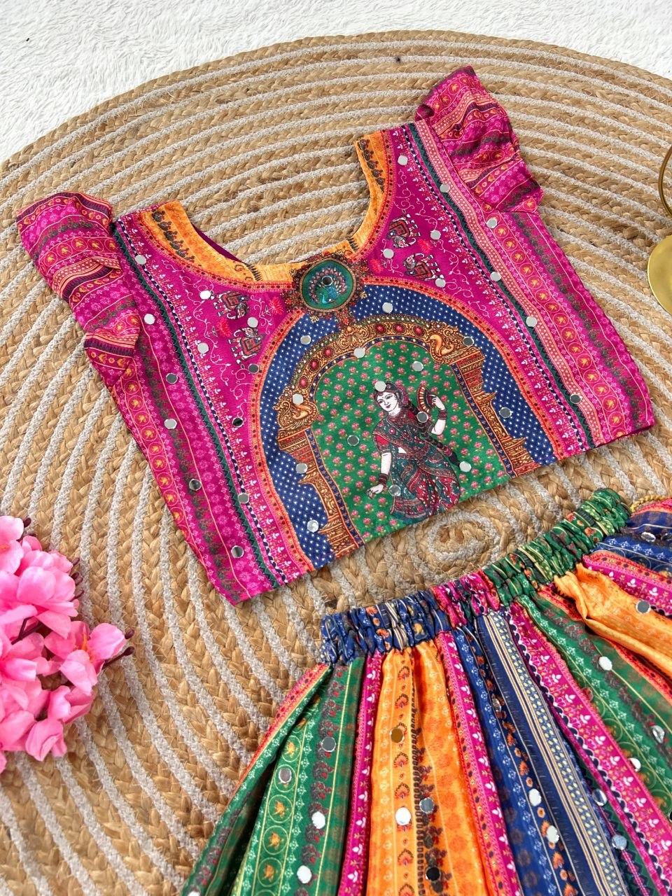 Pink Heavy Chinon Silk Digital Print &amp; Hand Mirror Work Kids Lehenga Choli