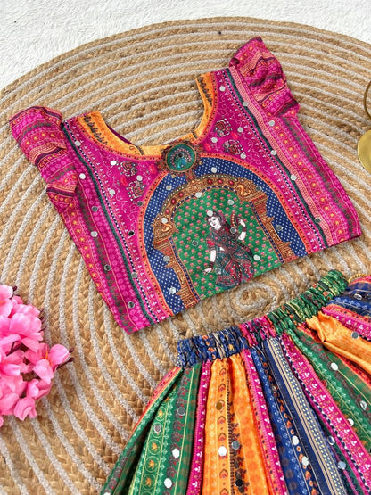Pink Heavy Chinon Silk Digital Print &amp; Hand Mirror Work Kids Lehenga Choli