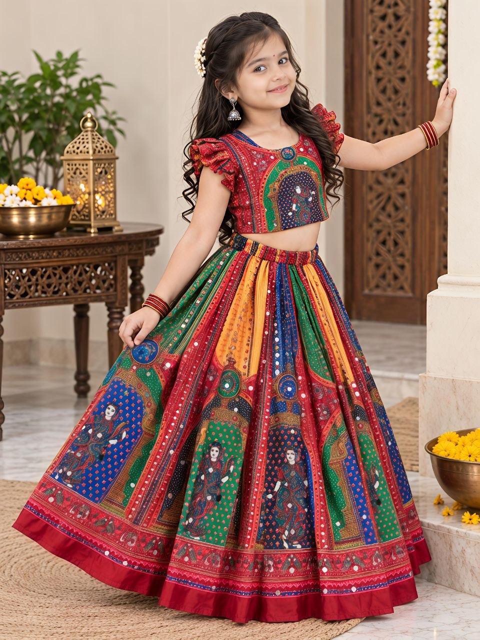 Red Heavy Chinon Silk Digital Print &amp; Hand Mirror Work Kids Lehenga Choli