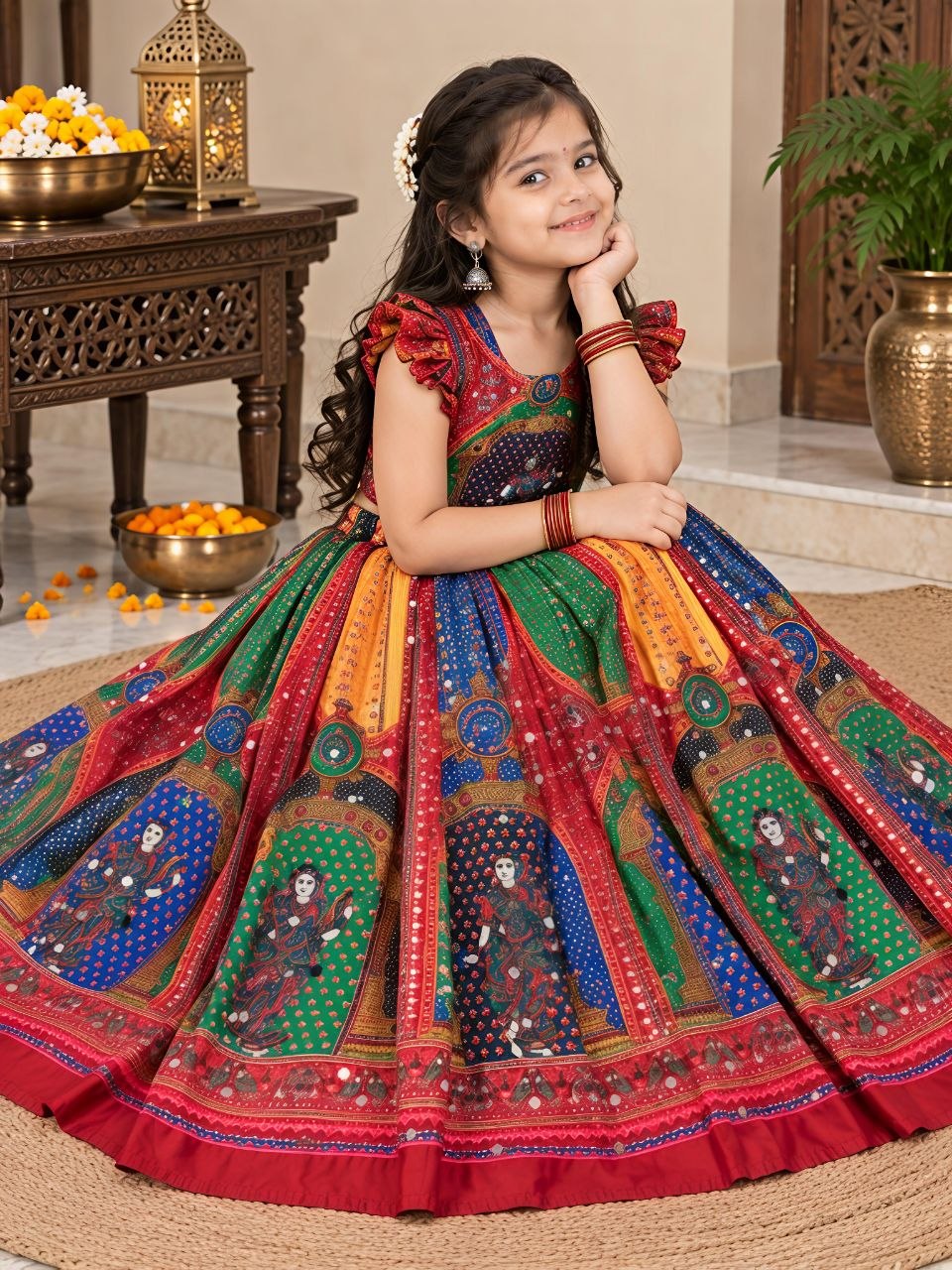 Red Heavy Chinon Silk Digital Print &amp; Hand Mirror Work Kids Lehenga Choli