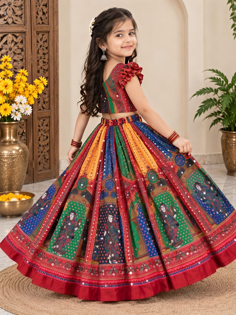 Red Heavy Chinon Silk Digital Print &amp; Hand Mirror Work Kids Lehenga Choli