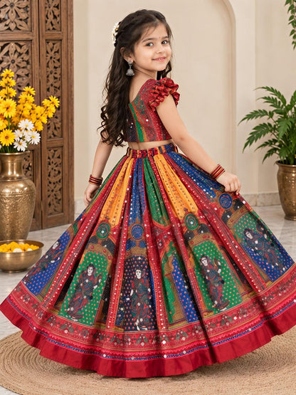 Red Heavy Chinon Silk Digital Print &amp; Hand Mirror Work Kids Lehenga Choli