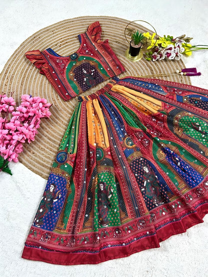 Red Heavy Chinon Silk Digital Print &amp; Hand Mirror Work Kids Lehenga Choli