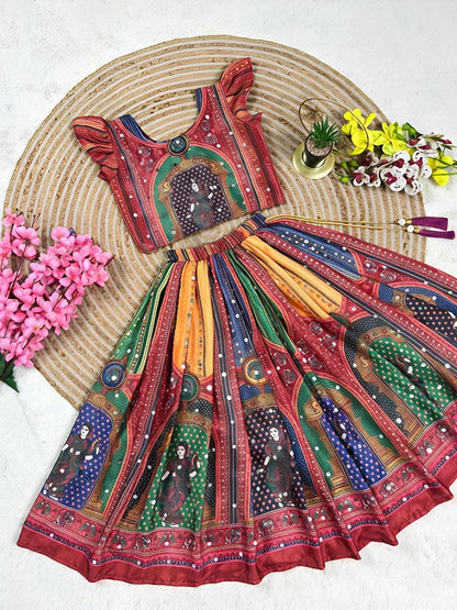 Red Heavy Chinon Silk Digital Print &amp; Hand Mirror Work Kids Lehenga Choli