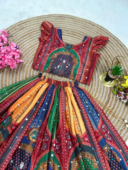 Red Heavy Chinon Silk Digital Print &amp; Hand Mirror Work Kids Lehenga Choli
