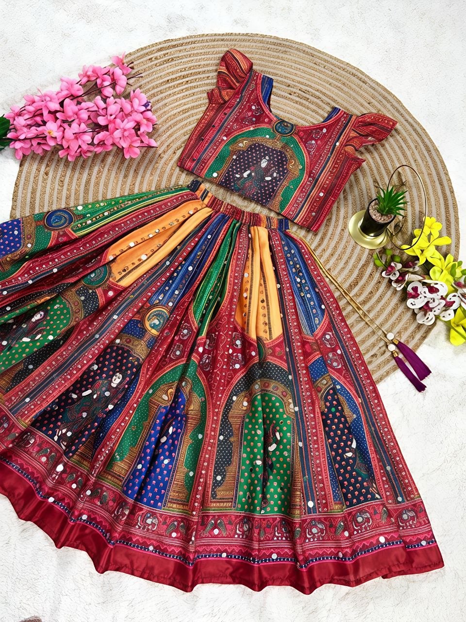 Red Heavy Chinon Silk Digital Print &amp; Hand Mirror Work Kids Lehenga Choli