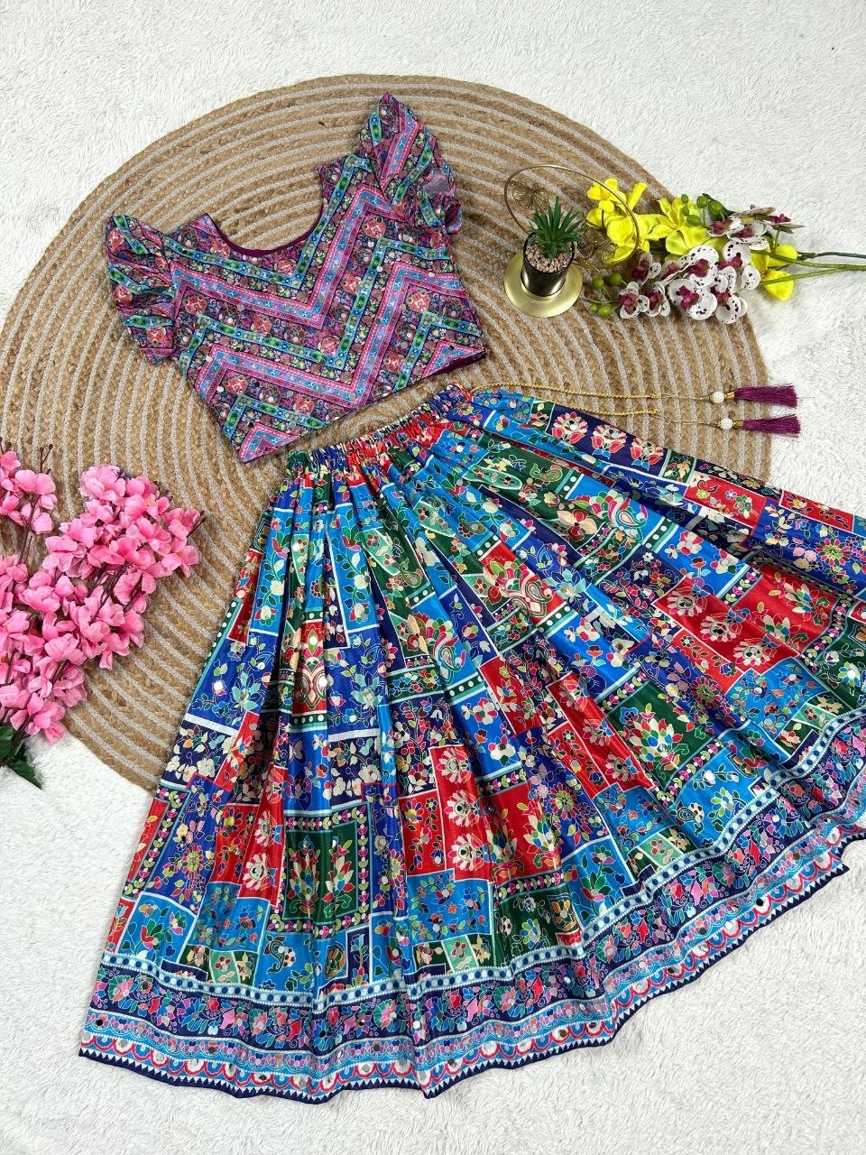 Sky Pure Chinon Silk Digital Print &amp; Hand Mirror Work Kids Lehenga Choli