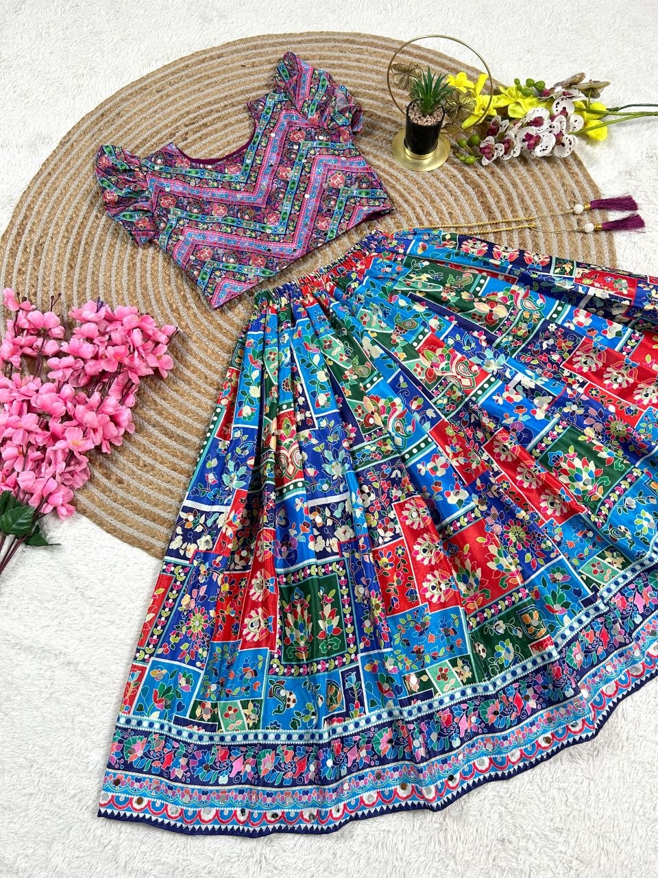 Sky Pure Chinon Silk Digital Print &amp; Hand Mirror Work Kids Lehenga Choli