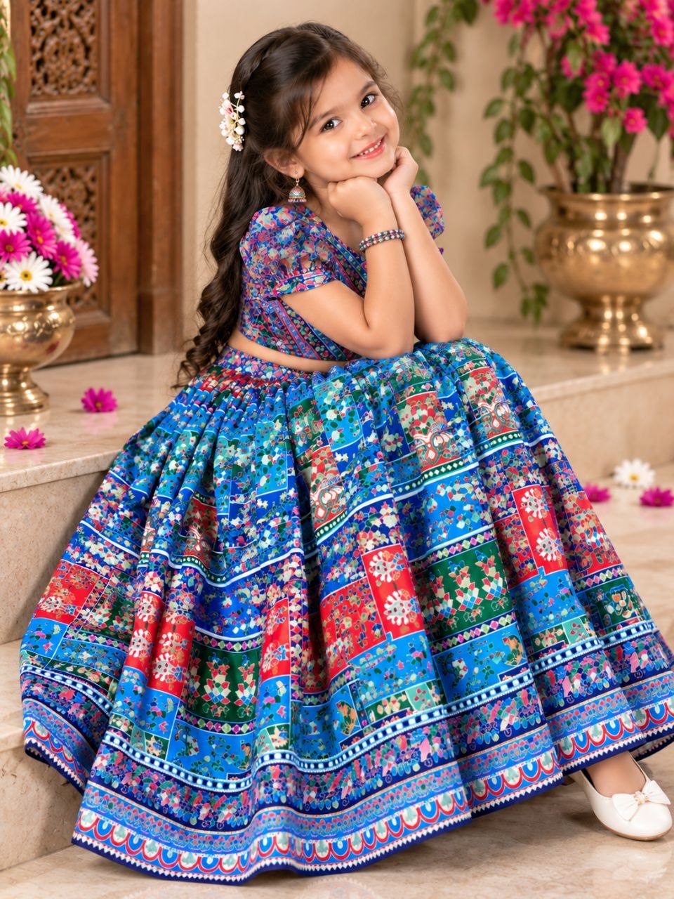 Sky Pure Chinon Silk Digital Print &amp; Hand Mirror Work Kids Lehenga Choli