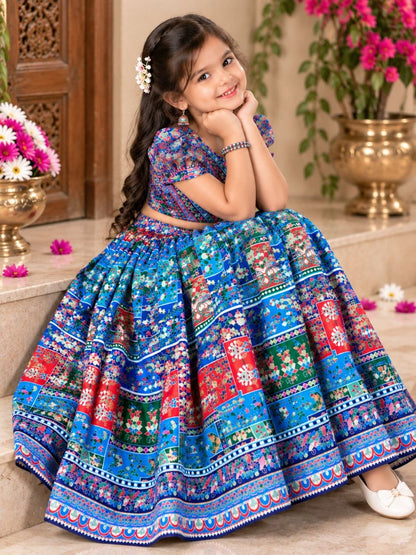 Sky Pure Chinon Silk Digital Print &amp; Hand Mirror Work Kids Lehenga Choli