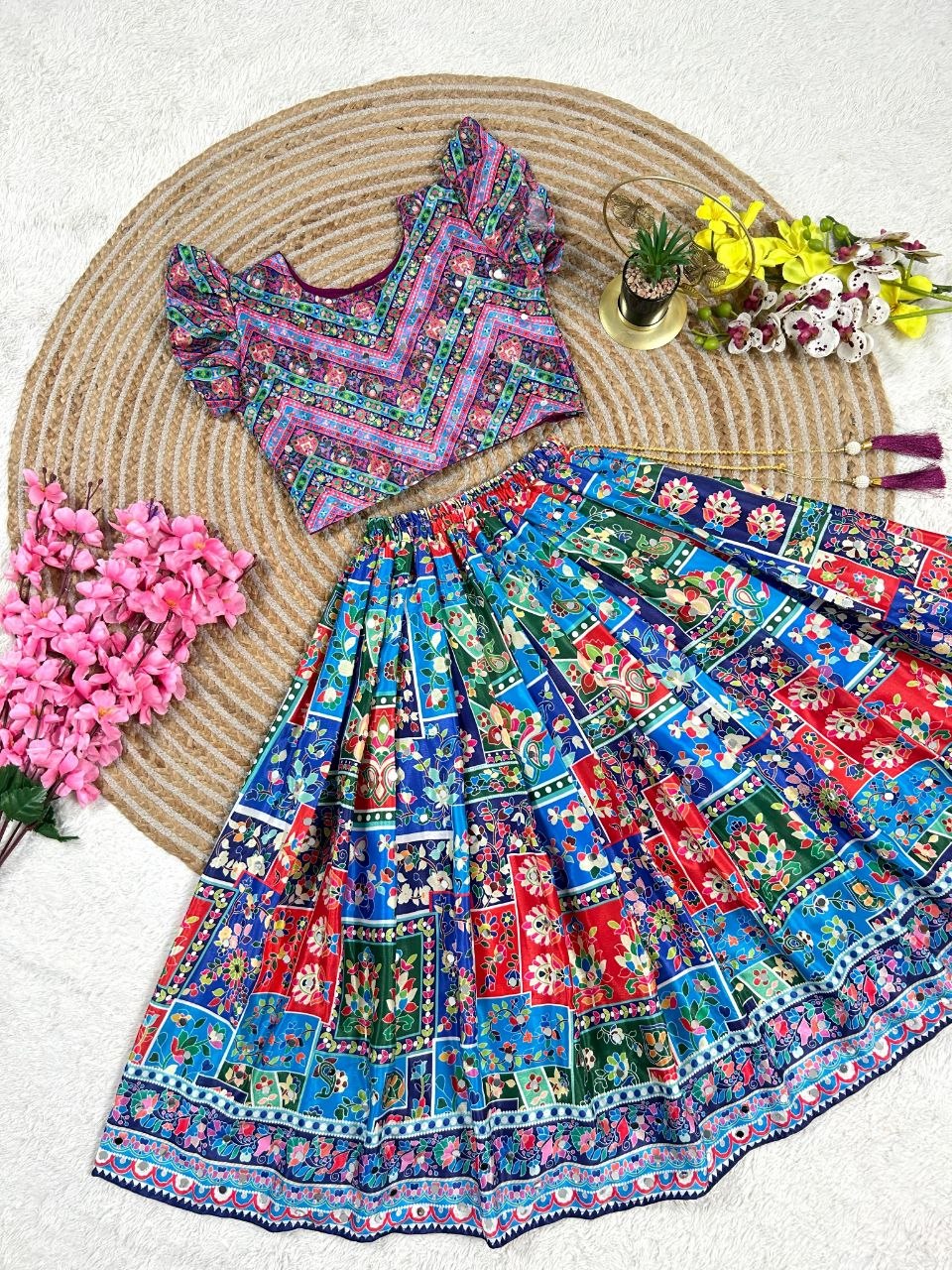 Sky Pure Chinon Silk Digital Print &amp; Hand Mirror Work Kids Lehenga Choli