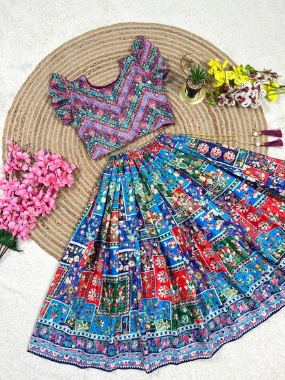Sky Pure Chinon Silk Digital Print &amp; Hand Mirror Work Kids Lehenga Choli