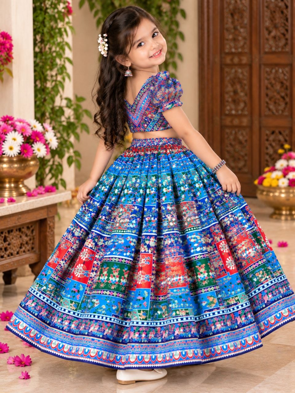 Sky Pure Chinon Silk Digital Print &amp; Hand Mirror Work Kids Lehenga Choli