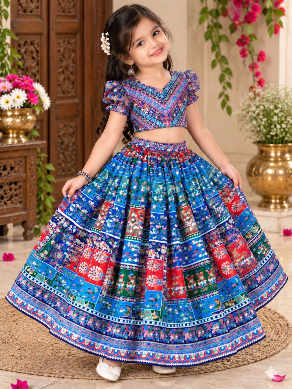Sky Pure Chinon Silk Digital Print &amp; Hand Mirror Work Kids Lehenga Choli