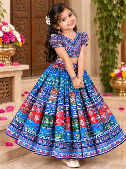 Sky Pure Chinon Silk Digital Print &amp; Hand Mirror Work Kids Lehenga Choli