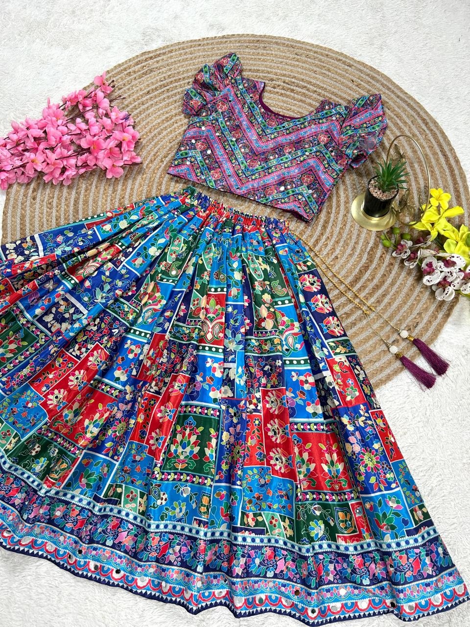Sky Pure Chinon Silk Digital Print &amp; Hand Mirror Work Kids Lehenga Choli