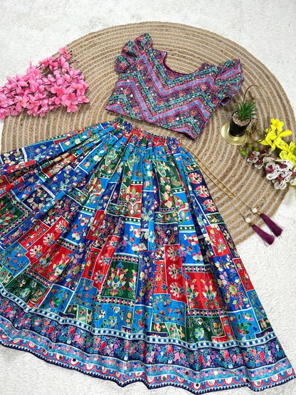 Sky Pure Chinon Silk Digital Print &amp; Hand Mirror Work Kids Lehenga Choli