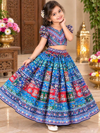 Sky Pure Chinon Silk Digital Print &amp; Hand Mirror Work Kids Lehenga Choli