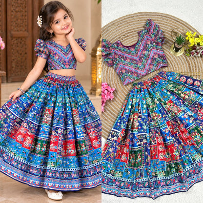 Sky Pure Chinon Silk Digital Print &amp; Hand Mirror Work Kids Lehenga Choli