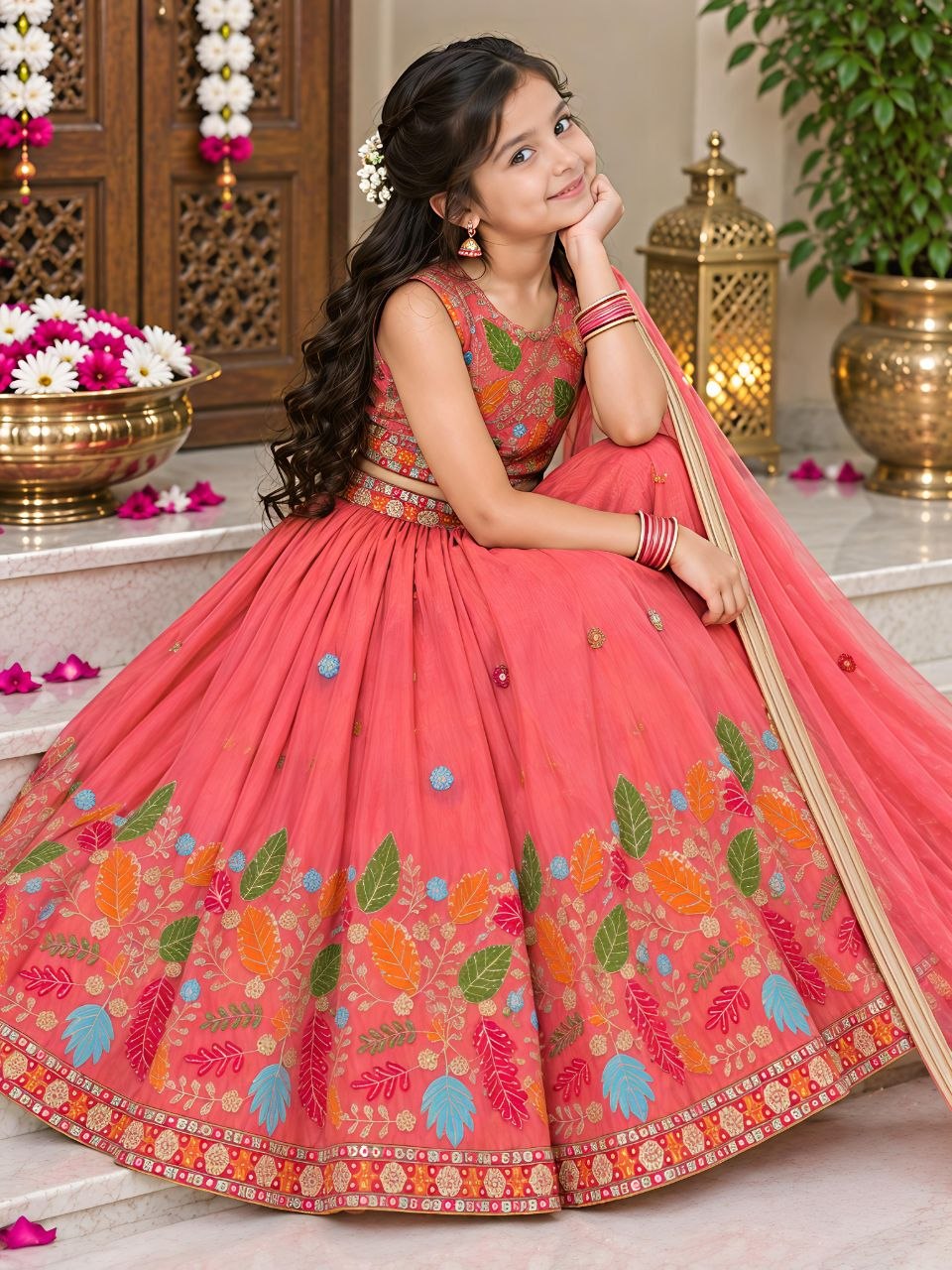 Rust Soft Sindur Silk Siqwons Embroidery Work Kids Lehenga Choli
