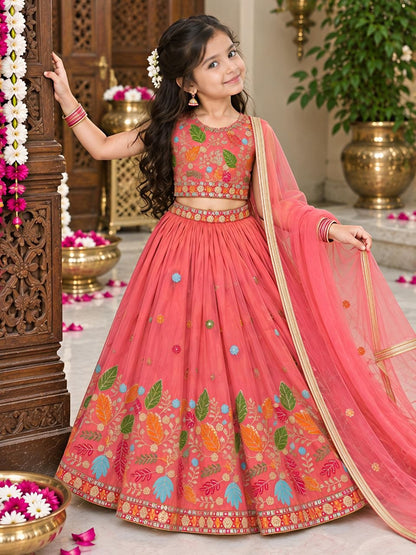 Rust Soft Sindur Silk Siqwons Embroidery Work Kids Lehenga Choli