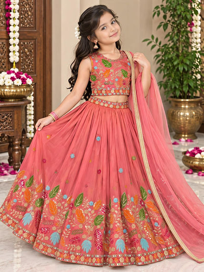 Rust Soft Sindur Silk Siqwons Embroidery Work Kids Lehenga Choli