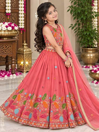 Rust Soft Sindur Silk Siqwons Embroidery Work Kids Lehenga Choli