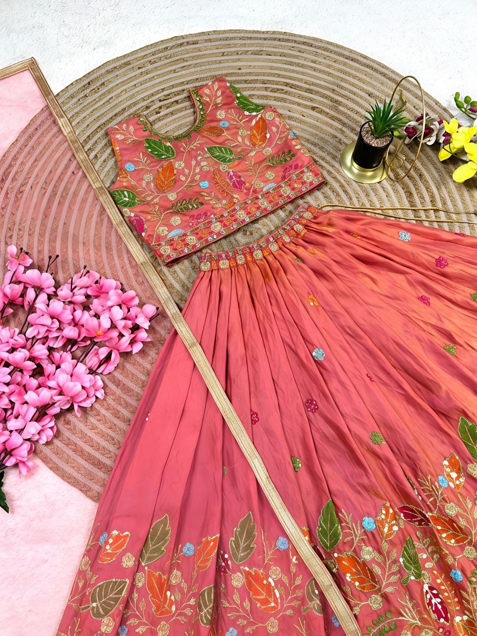 Rust Soft Sindur Silk Siqwons Embroidery Work Kids Lehenga Choli