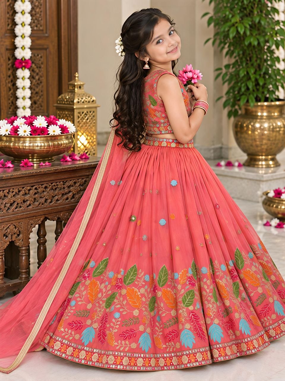 Rust Soft Sindur Silk Siqwons Embroidery Work Kids Lehenga Choli