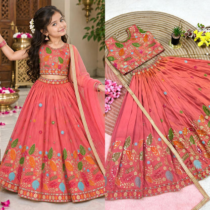 Rust Soft Sindur Silk Siqwons Embroidery Work Kids Lehenga Choli