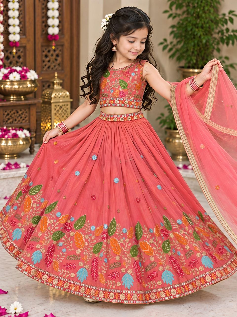 Rust Soft Sindur Silk Siqwons Embroidery Work Kids Lehenga Choli