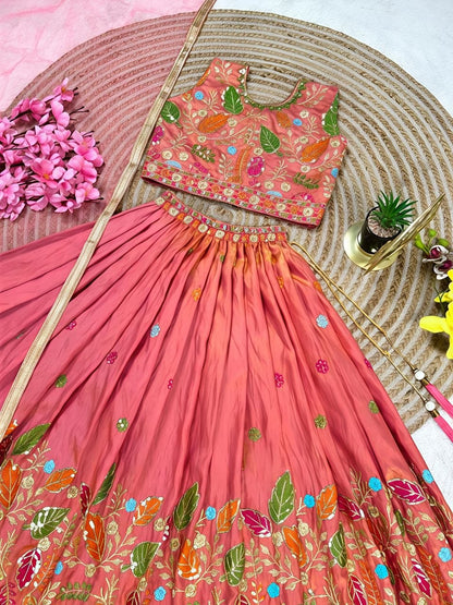 Rust Soft Sindur Silk Siqwons Embroidery Work Kids Lehenga Choli