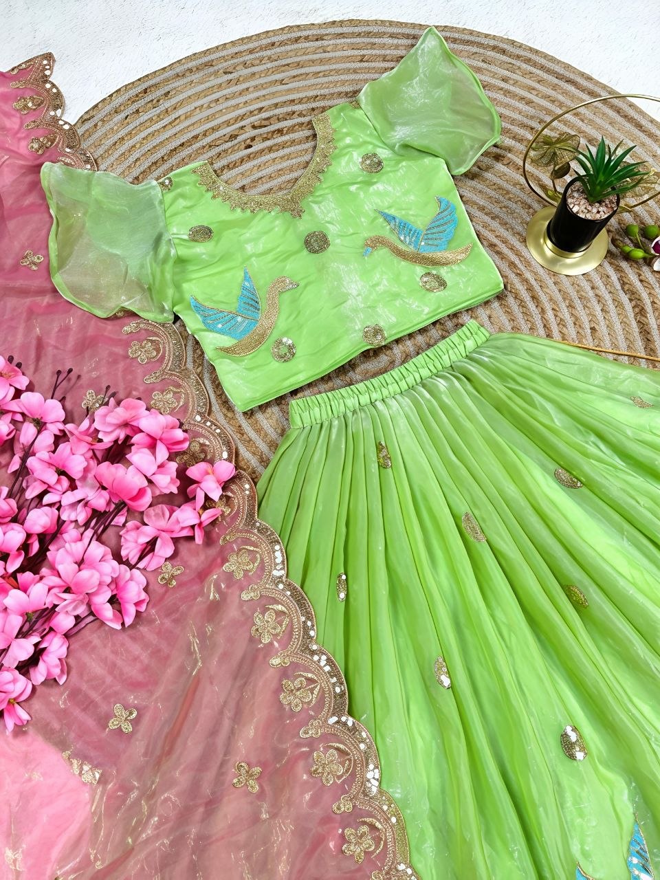 Parrot Soft Sindur Silk Siqwons Embroidery Work Kids Lehenga Choli