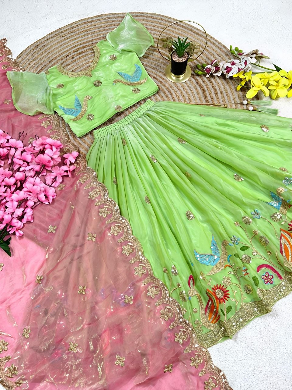 Parrot Soft Sindur Silk Siqwons Embroidery Work Kids Lehenga Choli