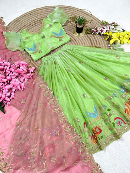 Parrot Soft Sindur Silk Siqwons Embroidery Work Kids Lehenga Choli