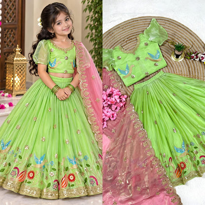 Parrot Soft Sindur Silk Siqwons Embroidery Work Kids Lehenga Choli