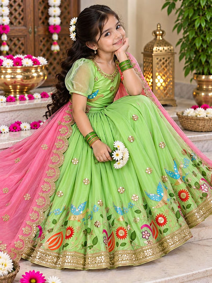 Parrot Soft Sindur Silk Siqwons Embroidery Work Kids Lehenga Choli
