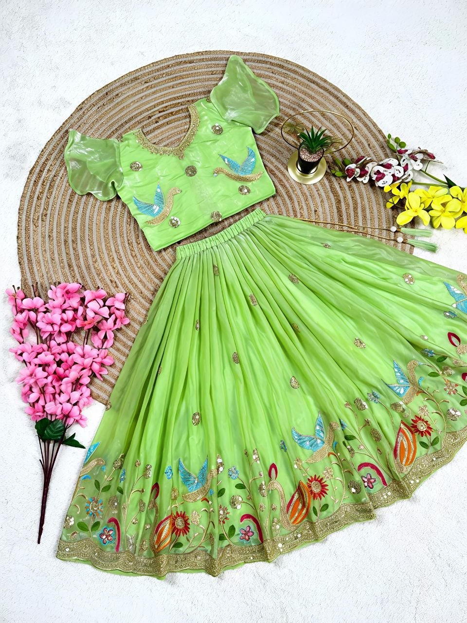 Parrot Soft Sindur Silk Siqwons Embroidery Work Kids Lehenga Choli