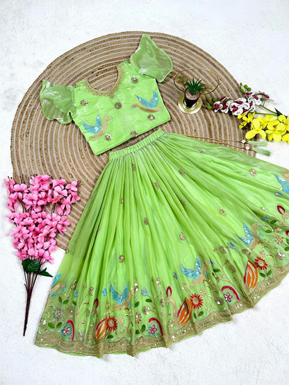 Parrot Soft Sindur Silk Siqwons Embroidery Work Kids Lehenga Choli