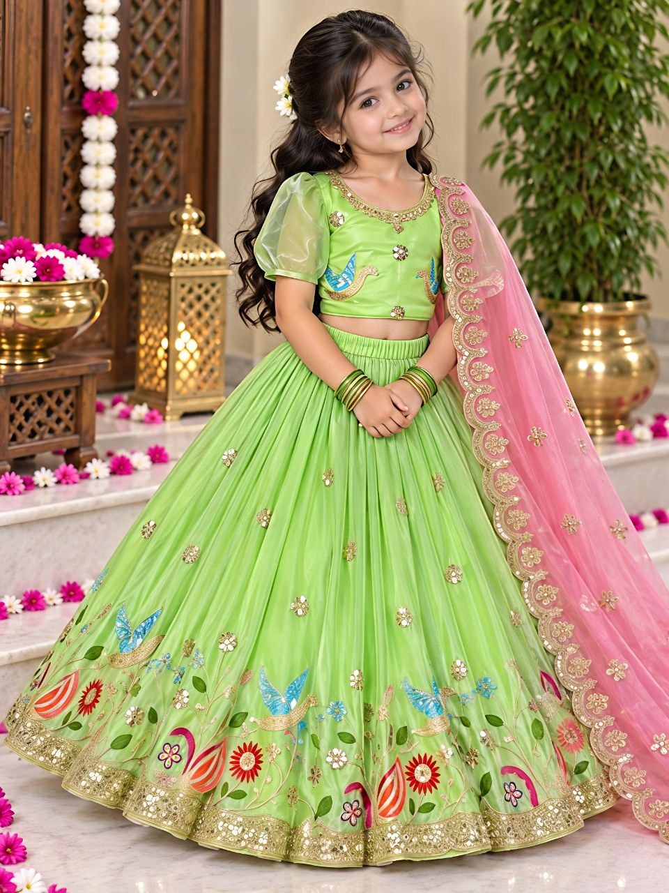 Parrot Soft Sindur Silk Siqwons Embroidery Work Kids Lehenga Choli