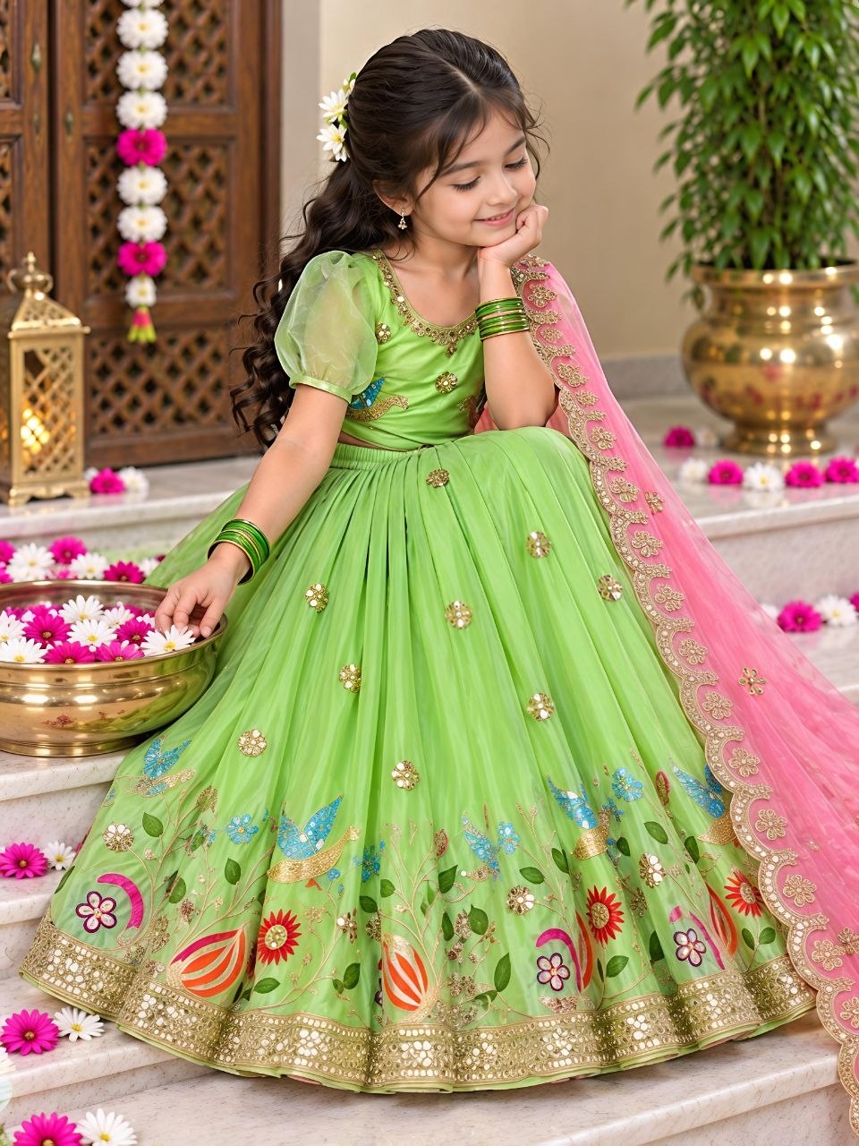 Parrot Soft Sindur Silk Siqwons Embroidery Work Kids Lehenga Choli